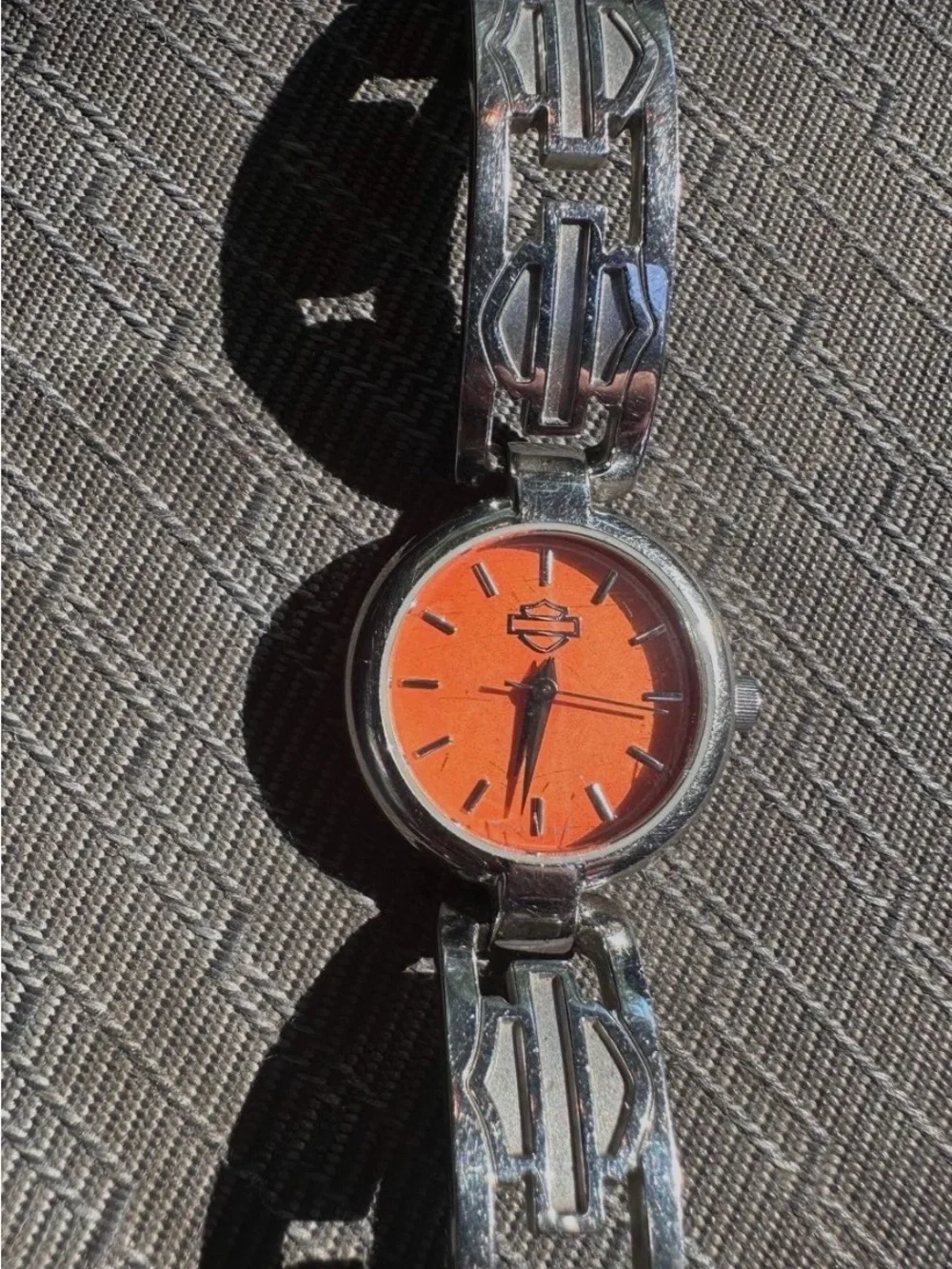 Harley-Davidson Silver Bracelet Watch with Bright Orange Dial